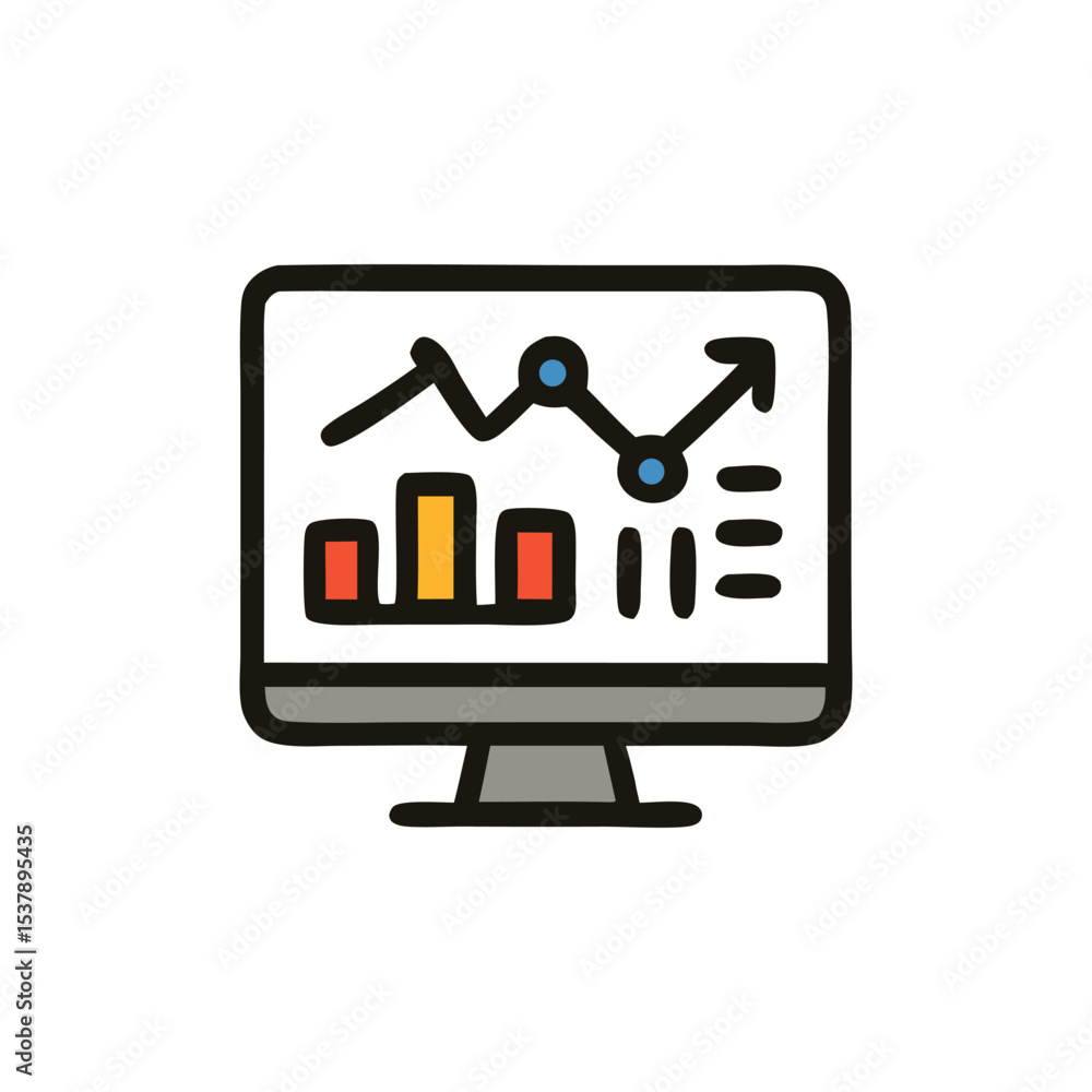 Poster a computer monitor displays a line graph and bar graph, indicating growth and data analysis.