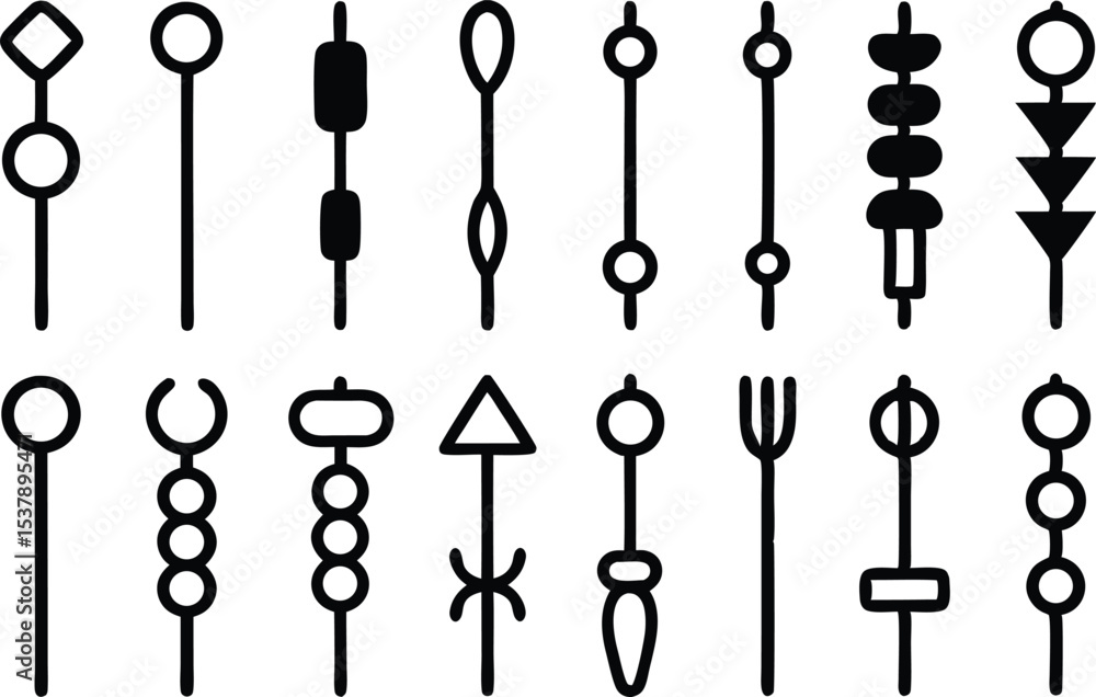 Poster outline icon set of skewers for food related designs isolated on transparent background