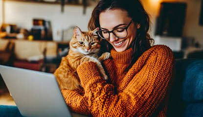 Woman with orange cat using laptop