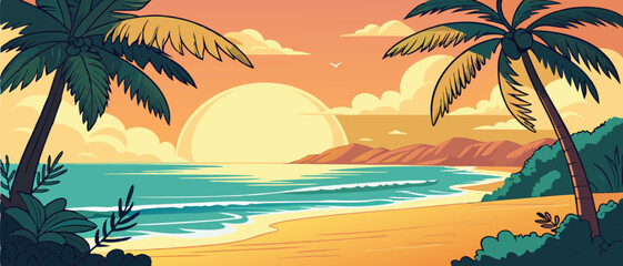 Sunset Over Tropical Ocean Beach with Palms