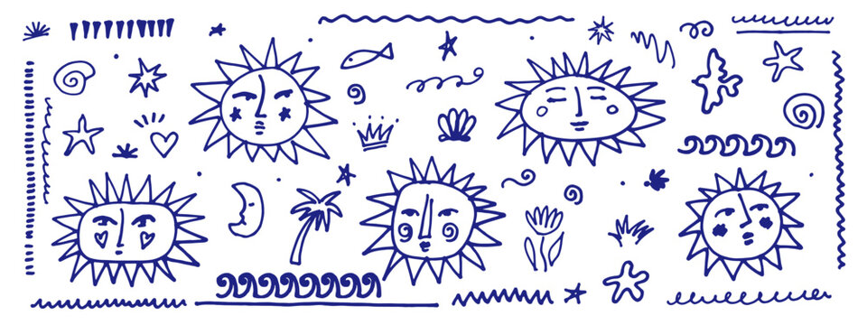 Set of hand drawn suns. Cute sun with face. Summer decorative design elements. Doddle vector.