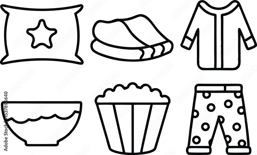 Poster outline icon set for sleepover party themes isolated on transparent background