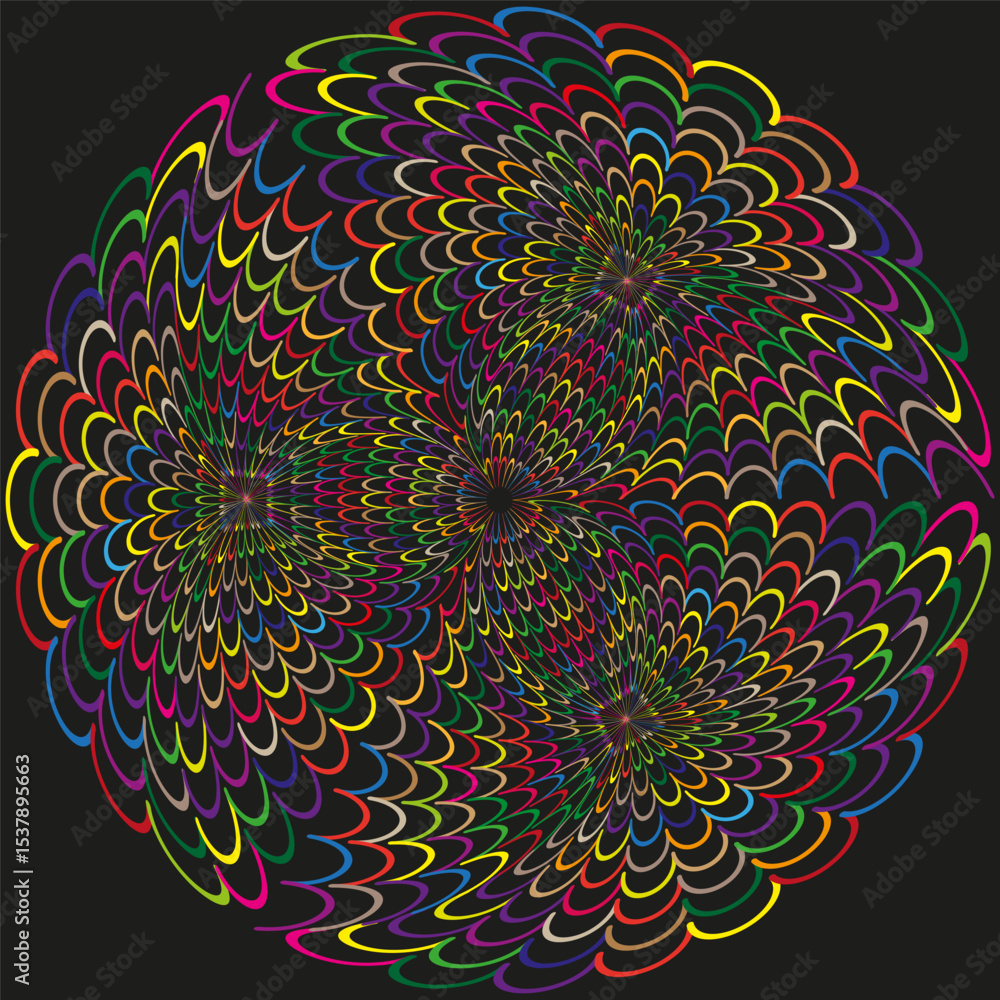 Poster spiral loop icon. vibrant curve vector. rainbow swirl shape. black background symmetry.