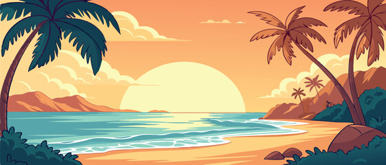 Sunset Over Tropical Ocean Beach with Palms