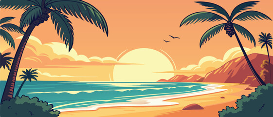 Fototapeta premium Tropical Beach Sunset with Palm Trees Landscape