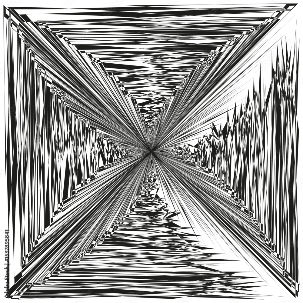Aufkleber twisted tunnel view. symmetric black illusion. optical depth frame. vector abstract shape.