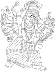 Line Art Illustration of Saptashrungi Devi, Hindu Goddess, Detailed black and white line art illustration depicting Saptashrungi Devi, a powerful Hindu goddess with multiple arms holding various 