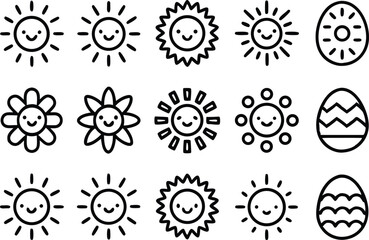 Happy easter holiday icon set featuring a smiling sun isolated on transparent background