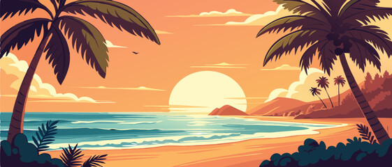 Sunset Over Tropical Ocean Beach with Palms