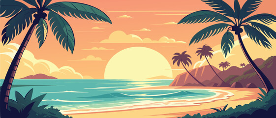 Sunset Over Tropical Ocean Beach with Palms
