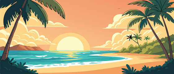 Sunset Over Tropical Ocean Beach with Palms