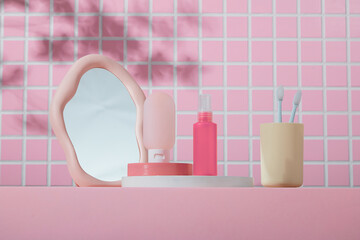 Decorative bathroom setup with soft-edge mirror, skincare products and clean counter. Great layout...