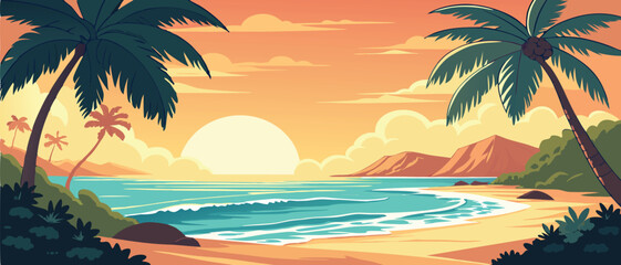 Sunset Over Tropical Ocean Beach with Palms