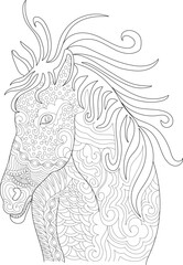 Zentangle Horse Head Illustration, Black and white line art illustration of a horse head filled with intricate zentangle-style patterns, perfect for coloring pages, meditation, and relaxation. Ideal 