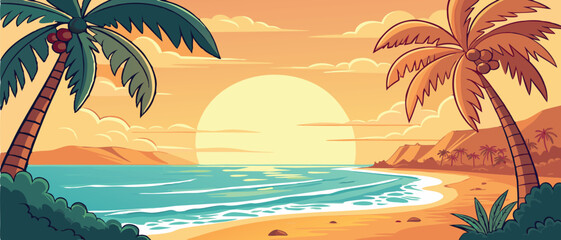 Sunset Over Tropical Ocean Beach with Palms