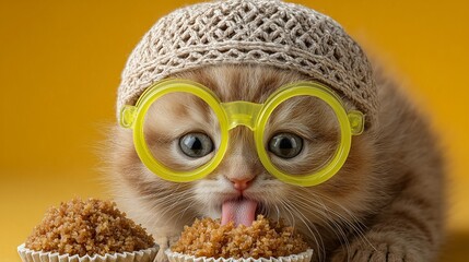 Playful kitten in a tiny kufi hat and neon goggles licking kunafa, sweet Eid mess, bright yellow studio