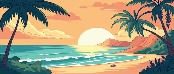 Sunset Over Tropical Ocean Beach with Palms