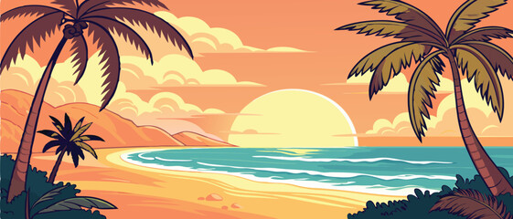 Sunset Over Tropical Ocean Beach with Palms