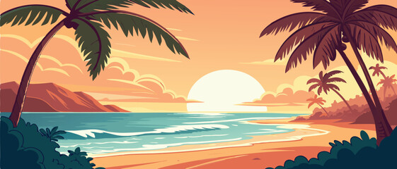 Tropical Beach Sunset with Palm Trees Landscape