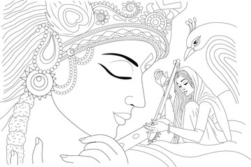 Lord Krishna Playing Flute with Radha and Peacock - Line Art, A spiritual black and white line art illustration depicting Lord Krishna playing his divine flute, with Radha or a devotee listening 