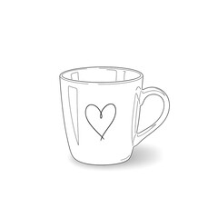 Minimalistic Outline of Coffee Cup with Heart for Coloring and Design