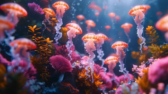 Very realistic and glowing deep sea coral reef with jellyfish