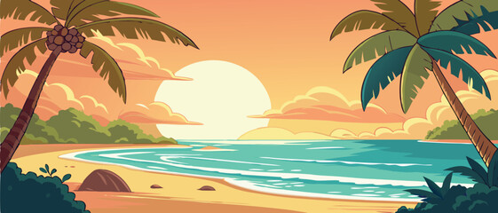 Sunset Over Tropical Ocean Beach with Palms