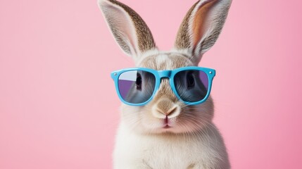 A rabbit posing with blue framed sunglasses set against a pink background