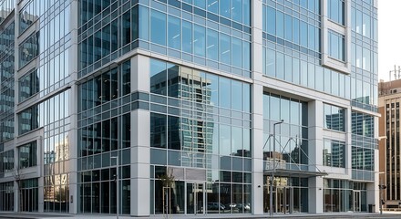 Modern architecture: Exterior view of a tall, glass-walled office building in city
