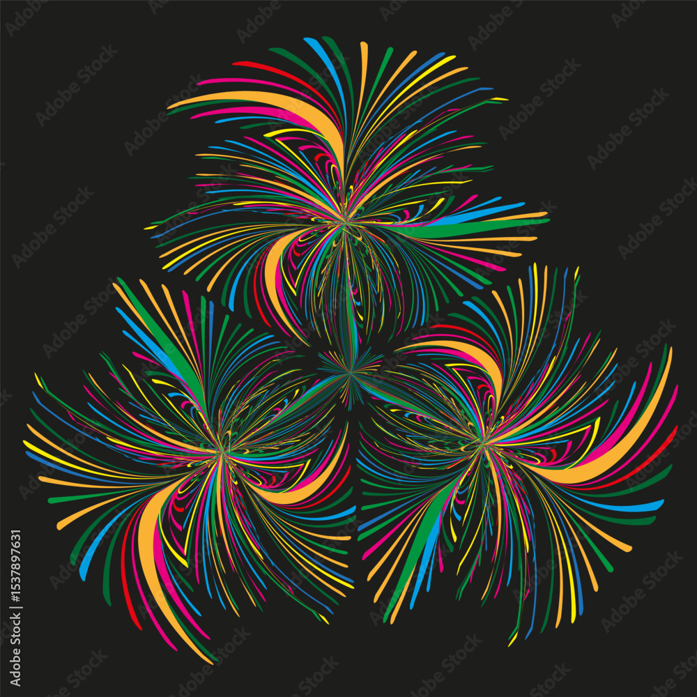 Poster colorful fractal explosions. dynamic starburst pattern. abstract vector energy. dark background illu
