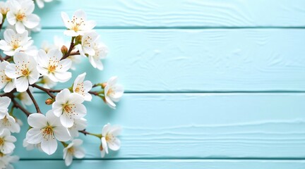 White Blossoms on a Branch with a Blue Wooden Fence Background