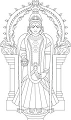 Line Art Illustration of Kanya Kumari Devi, A black and white line drawing of the Hindu goddess Kanya Kumari Devi, depicted standing within an ornate archway. 