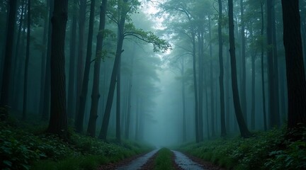 Misty Forest Path with Tall Trees and Soft Fog
