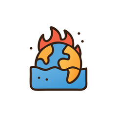 Cartoon illustration of a burning Earth partially submerged in water, depicting environmental issues.