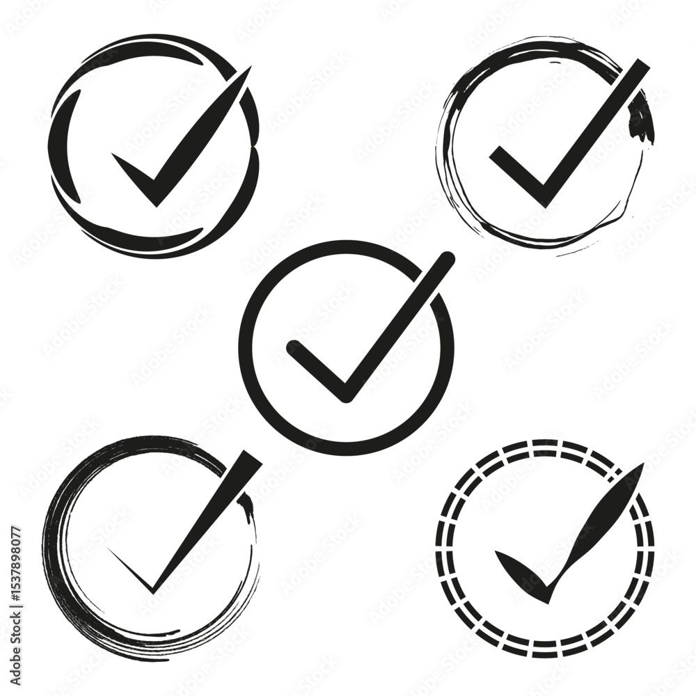 Poster check mark icon. circle approval shapes. vector tick symbols. validation graphic design.