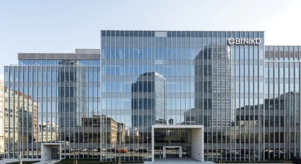 Modern Glass Office Building Facade with City Reflections and Architecture