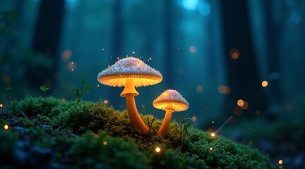 Glowing Mushrooms in an Enchanted Forest with Sparkling Lights