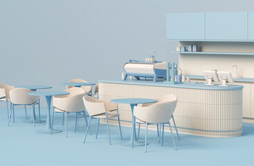 Minimal Coffee shop restaurant design modern style, pastel blue counter and green background ,Wall back counter pastel decor. 3d render	