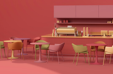 Minimal Coffee shop restaurant design dark pink, purple, red counter and vintage classic background ,Wall back counter pastel decor. 3d render	