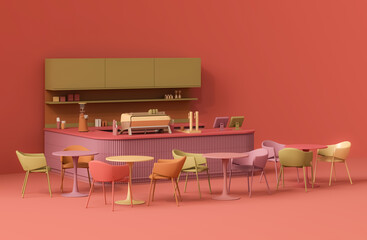 Minimal Coffee shop restaurant design dark pink, purple, red counter and vintage classic background ,Wall back counter pastel decor. 3d render	