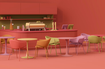 Minimal Coffee shop restaurant design dark pink, purple, red counter and vintage classic background ,Wall back counter pastel decor. 3d render	