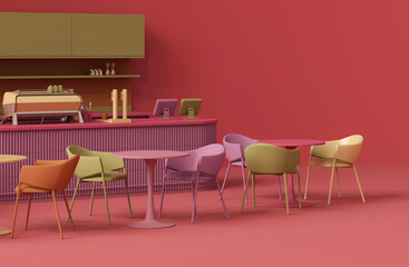 Minimal Coffee shop restaurant design dark pink, purple, red counter and vintage classic background ,Wall back counter pastel decor. 3d render	