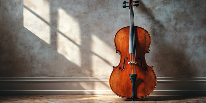 A beautiful cello leans against a wall, illuminated by sunlight creating shadows. - Powered by Adobe