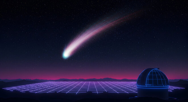 Abstract image of a comet streaking across a night sky above observatory