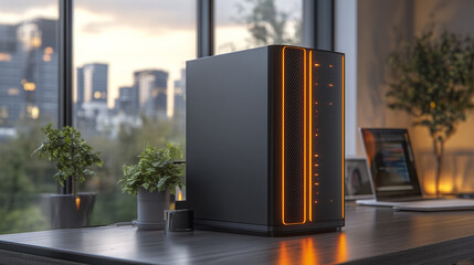 A sleek black NAS enclosure sits on a modern desk, front panel lit with dual drive bays and multiple connectivity ports. A clean, high-tech scene representing advanced data storage and networking.

