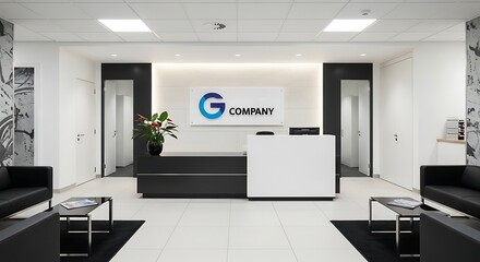 Modern Office Lobby with Reception Desk and Comfortable Seating Area