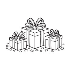 Black and white illustration of different sized gift boxes with elegant bows. et of three line art gift boxes with decorative ribbons for any occasion. Coloring illustration of gift box set