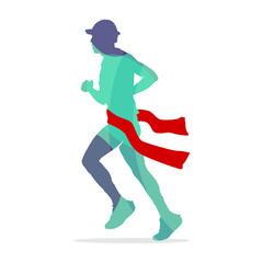 Silhouette of  running across the finish line isolated on White. Running Silhouette Icon.
