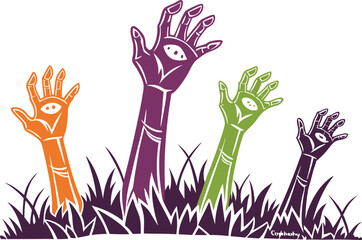 Zombie Hands Emerging from Grave Illustration. Horror Scene of Zombie Arms from Ground. Creepy Undead Hands Rising Halloween Art. Scary Zombie Hands Breaking Through Earth. Haunted Graveyard Zombie