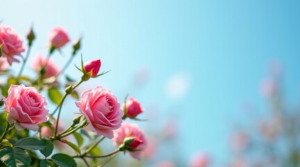 Field of Vibrant Pink Roses Under a Bright Blue Sky